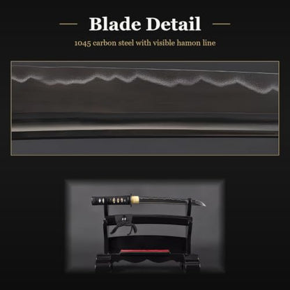 Musashi Crest Tanto, 1045 Carbon Steel Hand Forged Full Tang Japanese Sword | hand-sharpened for tameshigiri, wavy temper, bo-hi groove, openwork guard, rayskin grip