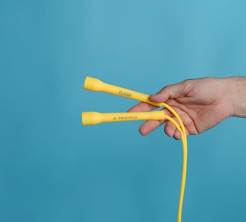 Swissskip Speed Jump Rope by Dayan Kolev, 5mm PVC Skipping Rope, Great for Beginners and Advanced Athlets, Designed for Fitness, Cardio, Boxing & CrossFit, Adjustable length with Unbreakable Handles - color: Yellow
