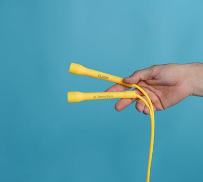 Swissskip Speed Jump Rope by Dayan Kolev, 5mm PVC Skipping Rope, Great for Beginners and Advanced Athlets, Designed for Fitness, Cardio, Boxing & CrossFit, Adjustable length with Unbreakable Handles - color: Yellow