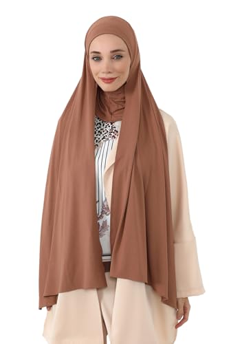 Aisha's Design Neck-Covering Practical Jersey Hijab with Built-In Ninja Bonnet - color: Caramel Brown