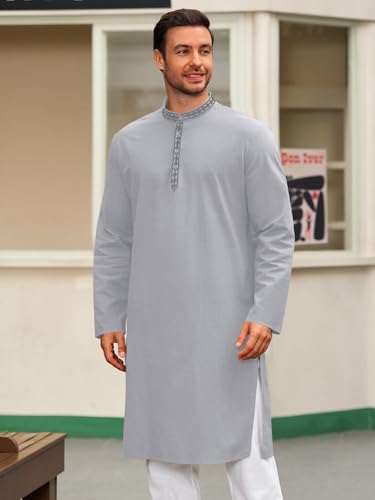 Runcati Mens Cotton Kaftan Robe Long Sleeve Button Down Henley Shirts Thobe Casual Side Split Gown Shirt - color: Gray, size: Large