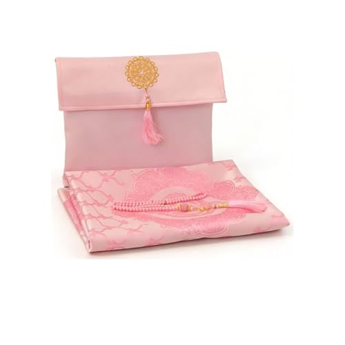 Islamic Gifts Set: Powder Pink Portable Muslim Prayer Rug with Tasbih and Travel Bag - Perfect Ramadan, Eid Mubarak, and Hajj Gift for Men and Women Soft Turkish Sajadah for On-the-Go Praying - color: Pink