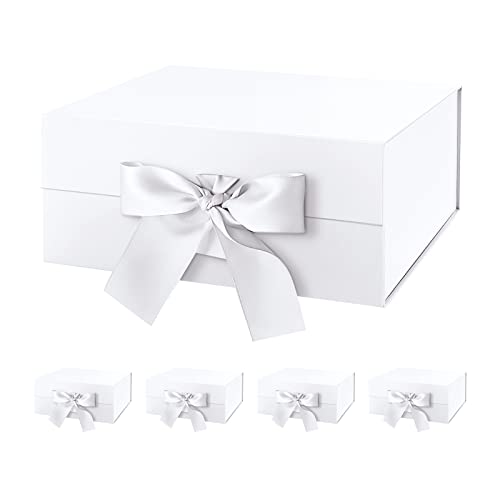 HAPPY POTATO 5 Gift Boxes with Lids 9x6.5x3.8 Inches, White Gift Boxes for Presents, Magnetic Closure Gift Boxes with Lids (Glossy White, Pack of 5) - color: White-Ribbon-9x6.5x3.8 Inches-Pack of 5