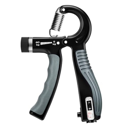 Grip Strength Trainer - Adjustable Resistance 11-132lbs/5-60kg Hand Gripper & Forearm Strengthener Device with Smart Counter for Sports & Rehab - color: black grey