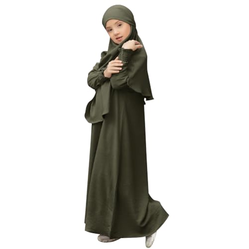 OBEEII Abaya for Girls Muslim Long Sleeve Prayer Dress Ramadan Kaftan Abaya with Hijab Islamic Clothing Arabic Eid Robe - color: Army Green, size: 7-8 Years