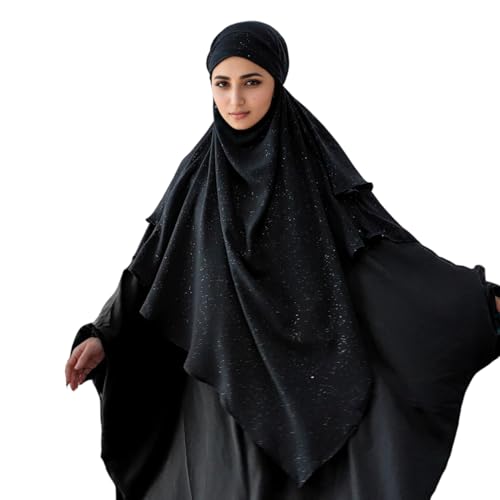 SIQITECHNO Womens Muslim Long Khimar Hijab Scarf Chiffon Sparkling Islamic Arabian Khimar Niqab Ramadan Eid Prayer Scarf Wrap - color: Black