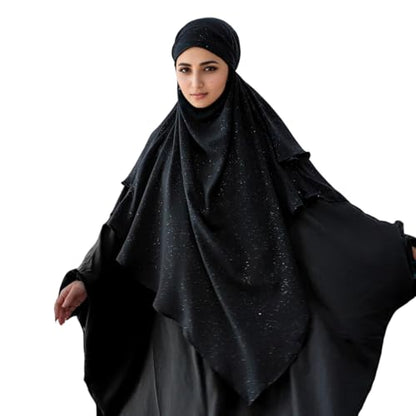 SIQITECHNO Womens Muslim Long Khimar Hijab Scarf Chiffon Sparkling Islamic Arabian Khimar Niqab Ramadan Eid Prayer Scarf Wrap - color: Black