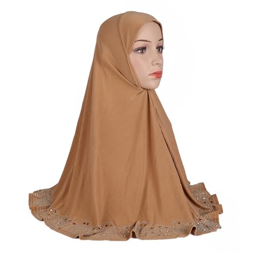 ZGMYC Women Shiny Rhinestones Muslim Hijab Elegant Long Turban Cap Head Wrap Scarf - color: Camel(golden Beads & Rhinestones)