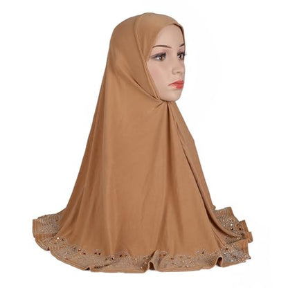 ZGMYC Women Shiny Rhinestones Muslim Hijab Elegant Long Turban Cap Head Wrap Scarf - color: Camel(golden Beads & Rhinestones)