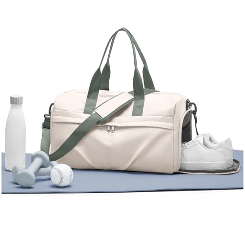 Gym Bag for Women Men with Shoe Compartment, Sport Duffel Bag, Waterproof Travel Weekender Overnight Carry on Bag for Yoga with Trolley Sleeve, Beige Green - color: A7-Beige Green