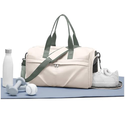 Gym Bag for Women Men with Shoe Compartment, Sport Duffel Bag, Waterproof Travel Weekender Overnight Carry on Bag for Yoga with Trolley Sleeve, Beige Green - color: A7-Beige Green
