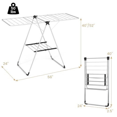 Tangkula Collapsible Clothes Drying Rack, 2-Level Folding Aluminum Drying Rack w/Height-Adjustable Wings, Bottom Shoe Rack, Space-Saving Laundry Drying Rack for Indoor & Outdoor Use, Silver