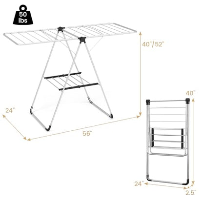 Tangkula Collapsible Clothes Drying Rack, 2-Level Folding Aluminum Drying Rack w/Height-Adjustable Wings, Bottom Shoe Rack, Space-Saving Laundry Drying Rack for Indoor & Outdoor Use, Silver