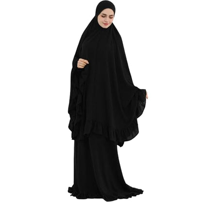 2PCS Abayas for Women Muslim Dress Ruffled Hem Modest Prayer Robe Full Coverage Modest Jilbab Set - color: Black, size: Large