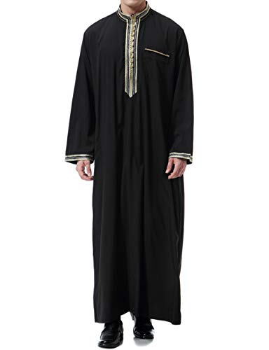 Islamic Mens Clothing Kaftan Maxi-Muslim Male Shirt Long Sleeve Abaya Dubai Cotton… - color: Black-b, size: X-Large