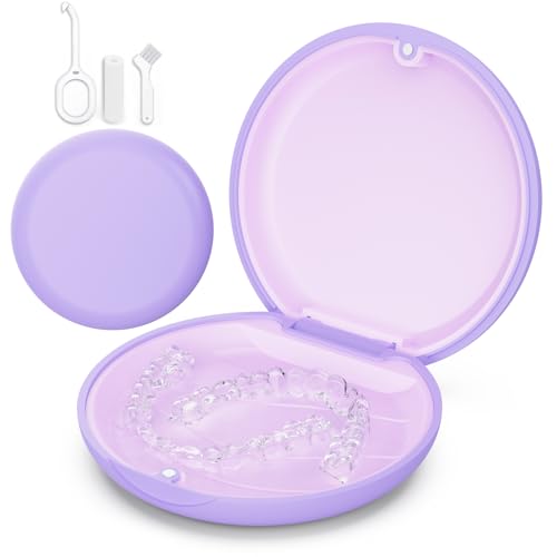 Slim Retainer Case Compatible With Invisalign - Cute Aligner Case With Silicone Pad, Mouth Guard, Removal Tool, Chewy and Brush - Purple - color: Purple