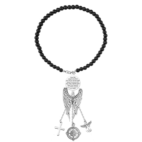 FEELMEM Guardian Angel Prayer keychains Driver Present Guardian Angel Protect Me and My Passengers Rearview Mirror Pendant - color: Black-2
