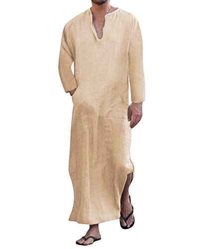 Jacansi Men's 65% Cotton 35% Linen Kaftan Thobe, Long Sleeve Casual Arabic Robe, Loose Long Gown with Pockets - color: Khaki #1, size: XX-Large
