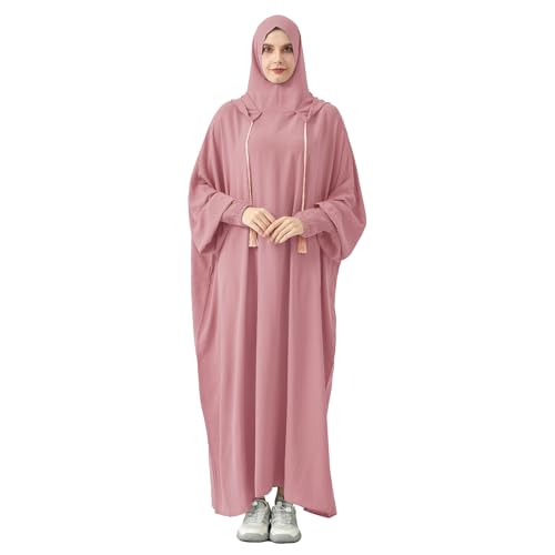 Abaya Muslim Dress Women Prayer Dress Long Sleeve Hooded Loose Maxi Dress Arabian Dubai Islamic Clothes - color: Pink