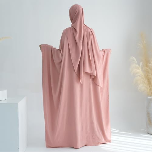 ODIZLI Abayas 여성용 무슬림 두바이 풀 커버 카프탄 셔츠 드레스 배트윙 슬리브 히잡 기도 드레스 - color: 핑크 + 히잡, size: 단일 사이즈