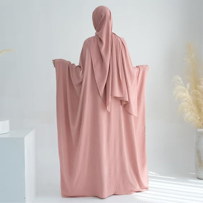 ODIZLI Abayas 여성용 무슬림 두바이 풀 커버 카프탄 셔츠 드레스 배트윙 슬리브 히잡 기도 드레스 - color: 핑크 + 히잡, size: 단일 사이즈
