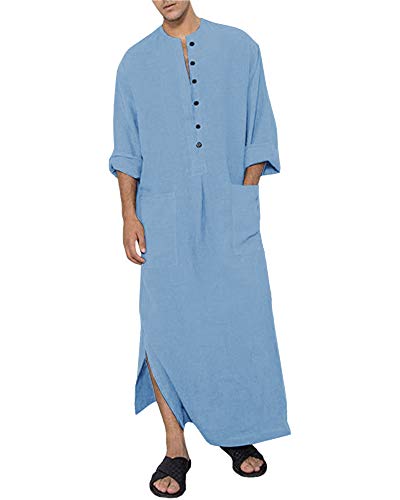 Jacansi Men's Button up Cotton Robe Long Sleeve Kaftan Thobe Long Gown Casual Shirt for Beach - color: 01-blue, size: 3X-Large