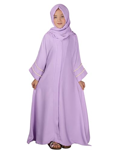Muslim Abaya For Girls Islamic Prayer Abayas Dress with Hijab Ramadan Cardigan Kaftan Robe Dresses Dubai Outfits - color: Light Purple, size: 9-10 Years