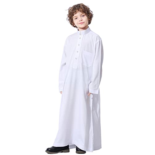IBTOM CASTLE Robe for Boys Muslim Long Sleeve Thobe Abaya Saudi Arab Kaftan Islamic Zipper Arabic Dubai Dress With Pockets - color: White - Button, size: 13-14 Years
