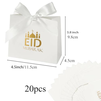 20 Pack Eid Party Favor Box, Eid Moon Candy Box, Ramadan Mubarak Party Goodie Box, DIY Eid Treat Paper Box with Ribbon Bow, Islam Muslim Wedding Festival Candy Box, Chocolate Cookie Souvenir Boxes for Eid Party Supplies Gold Castle Goodie Present Bag - co