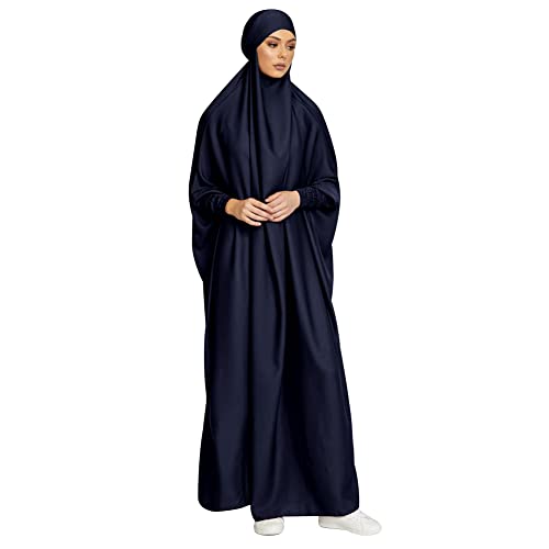 IKADEX Jilbab for Muslim Women Hooded Abaya Kaftan Dress Hijab Chador One-Piece Loose Fit Arabic Islamic Prayer Robe - color: Navy Blue