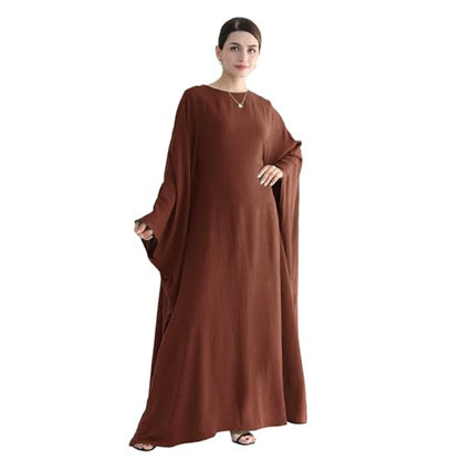 Abaya Muslim Women Dress Batwing Sleeve Loose Maxi Modest Islamic Clothes Prayer Dress with Hijab Scarf - color: Brown