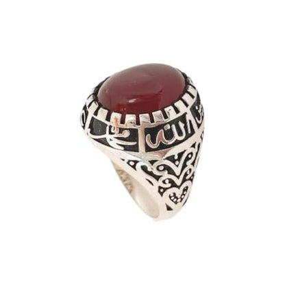 Islamic Sterling Silver Ring with Black Yemeni Aqeeq Stone, 925 Silver Religious Engraved Design, Ahlulbayt Muslim Prayer Jewelry for Men and Women,islamic ring,islamic men wowan ring - color: Red Yemeni Agate