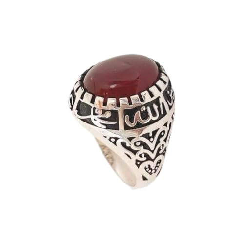 Islamic Sterling Silver Ring with Black Yemeni Aqeeq Stone, 925 Silver Religious Engraved Design, Ahlulbayt Muslim Prayer Jewelry for Men and Women,islamic ring,islamic men wowan ring - color: Red Yemeni Agate
