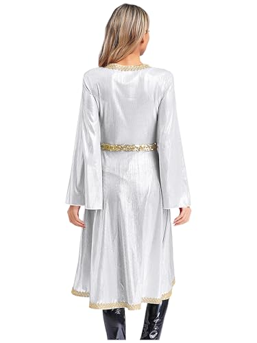 Women Muslim Abaya Dress Long Sleeve High Waist Embroidery Sparkly Caftan Islamic Evening Gown - color: Silver, size: XX-Large