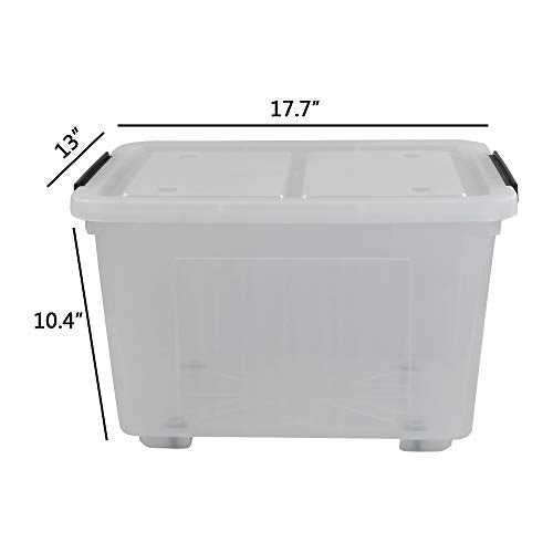 Kekow 4-Pack Clear Plastic Large Storage Box, Latch Bin with Wheels, 30 L | Easy-Glide Wheels, Sturdy Plastic Build, Easy Content Identification, Multi-Purpose Storage Bin, for Home Office Garage Use - size: 30 L