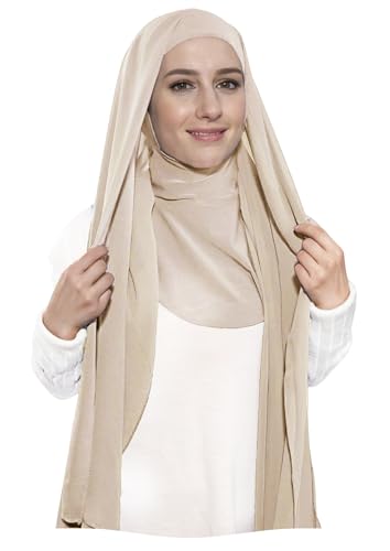 Lina & Lily Premium Chiffon Ninja Instant Hijab Scarf Stitched Jersey Cap Neck Cover Full Coverage - color: Beige