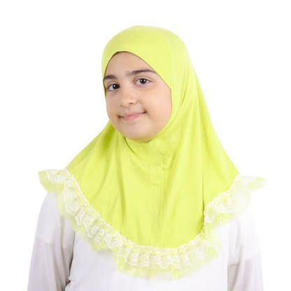 MuLanLegend Cotton Lace Hijab | Princess Nur | Girls Kids Instant Slip-on Scarf Sarong | Ligthweight and Comfortable - color: Canary Yellow