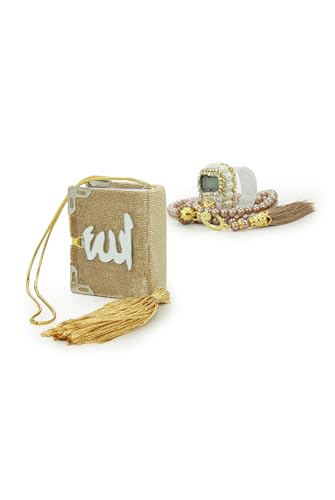 ihvan online Mini Velvet Quran Set with Islamic Finger Counter, Portable Digital Tasbeeh, Muslim Prayer Beads, Pearl Zikirmatic Beads, 3 Pieces Gift Set for Mevlüt (Gold) - color: Gold