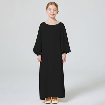 Kids Girls Muslim Abaya Long Lantern Sleeve Robe Maxi Dress Dubai Islamic Pleated Prayer Dress Full Cover Kaftan Casual - color: Black, size: 9-10 Years