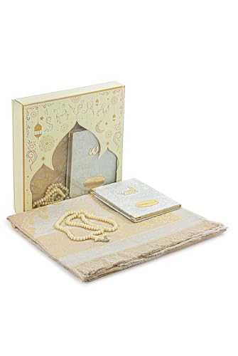 ihvan online Prayer Gift Set for Men & Women, Muslim Taffeta Prayer Rug, Salah Mat, Beads Rosary, Velvet Covered Yaseen Islamic Gift Set for Ramadan & Eid, Beige - color: Beige