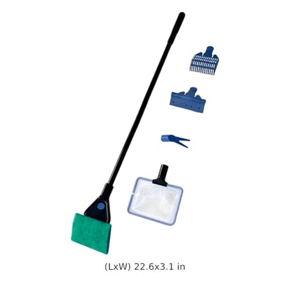 5-in-1 Aquariums Cleaning Kit, Extendable Tool for Fish Tank Maintenance, Includes Algae Scraper, Gravel Rake, Fish Net, Plant Clamp, Aquarium Brush, 16.9 x 4.1 x 1.2 in