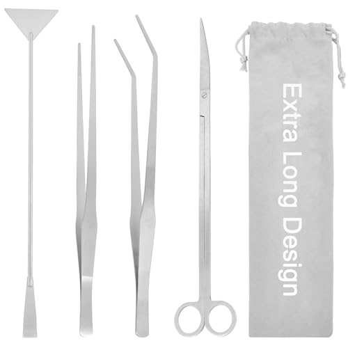 Aquarium Aquascaping Tool Stainless Steel, 15Inch Extra Long Design Aquascape Tools Kit 4 in 1 Anti-Rust Fish Tank Starter Kit with Long Tweezers Scissors Spatula for Aquarium Plants (Silver) - color: Silver