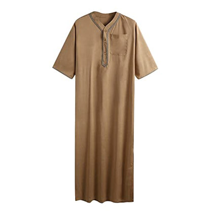 Thobe for Men Muslim Islamic Robe Kaftan Long Sleeve Jubba Arabic Dress Big and Tall Loose Fit Casual Gown A6 - color: Khaki, size: Large