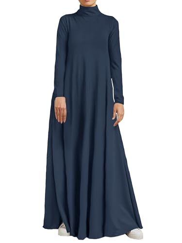 WSPLYSPJY Women High Neck Abaya Muslim Dress Solid Color Prayer Robe - color: Navy Blue, size: Small