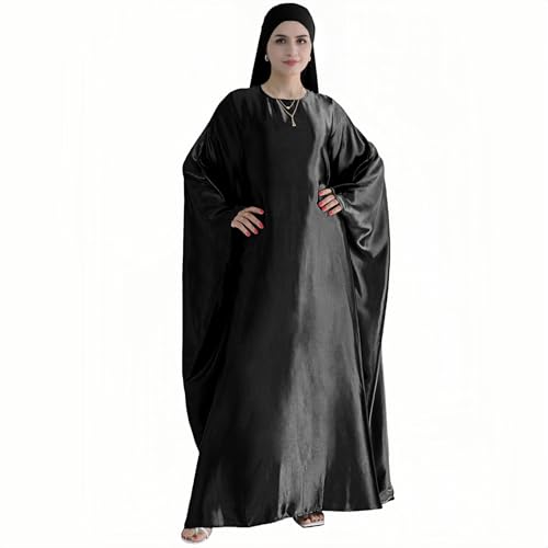 Abaya Muslim Women Dress Satin Batwing Sleeve Kaftan Maxi Arabian Dubai Islamic Ramadan Prayer Dress with Hijab Scarf - color: Black
