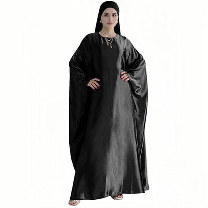 Abaya Muslim Women Dress Satin Batwing Sleeve Kaftan Maxi Arabian Dubai Islamic Ramadan Prayer Dress with Hijab Scarf - color: Black