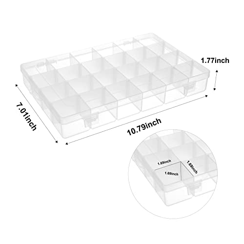 2 Pack 24 Grids Plastic Small Crafts Storage Boxes with Adjustable Dividers (10.5" × 6.7" x 1.57")