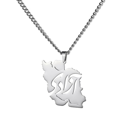 Iran Map Necklace Iranian Flag Persian Calligraphy Pendant Patriotic Heritage Pride Peace Jewelry Souvenir Series Gifts for Women Men - color: “آزادی” - Freedom silver
