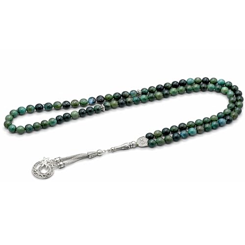 Amazing Gemstone Moss Agate Tasbeeh with Moon and Star Charm - Certified Crystal Muslim Prayer Beads Natural Gemstone Tasbih Gift for Ramadan Dhikr and Daily Namaz (S) - color: Moss Agate