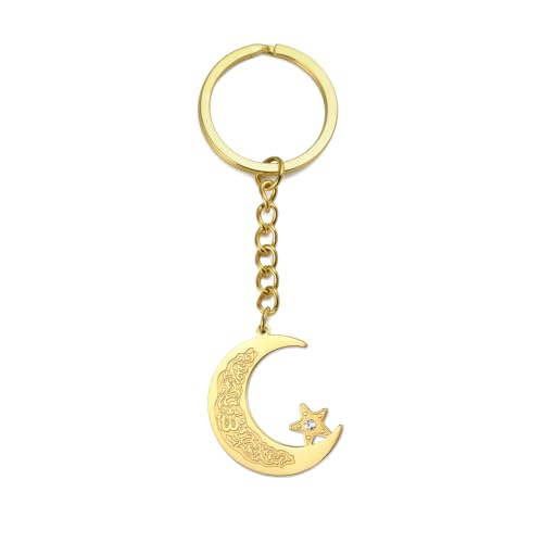 Islamic Ayatul Kursi Keychain Muslim Crescent Moon and Star Keyring Arabic Calligraphy Keyring Allah Amulet Jewelry - color: Gold